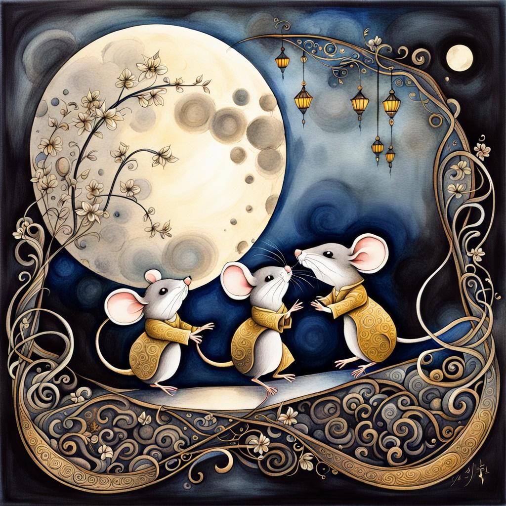 Mice Dancing in Moonlight: Ink and Wash Painting