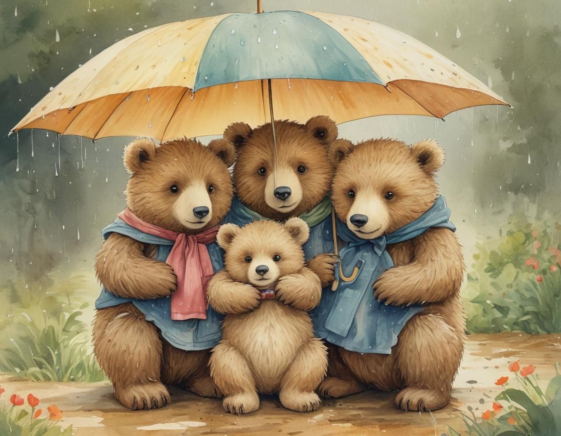 Charming Bear Family in Rainy Watercolor Illustration