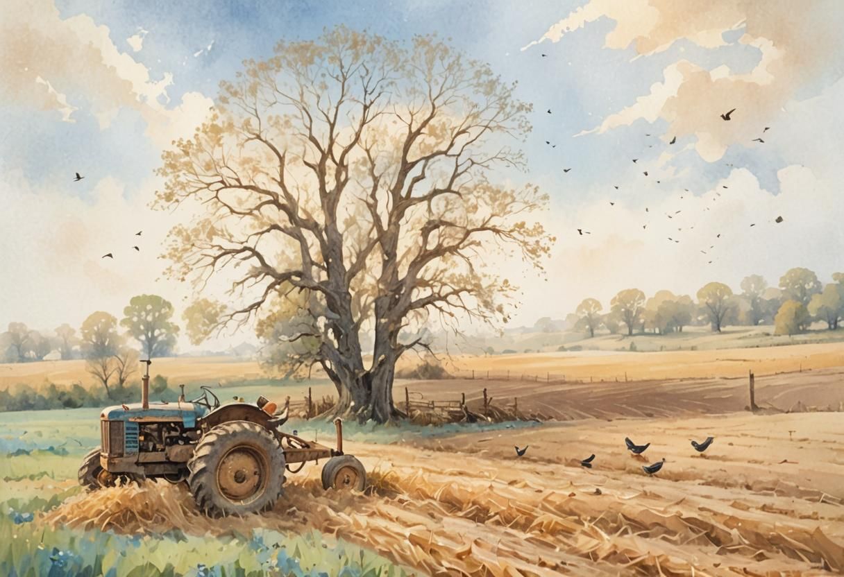 Idyllic Landscape with Tractor in Watercolor Style