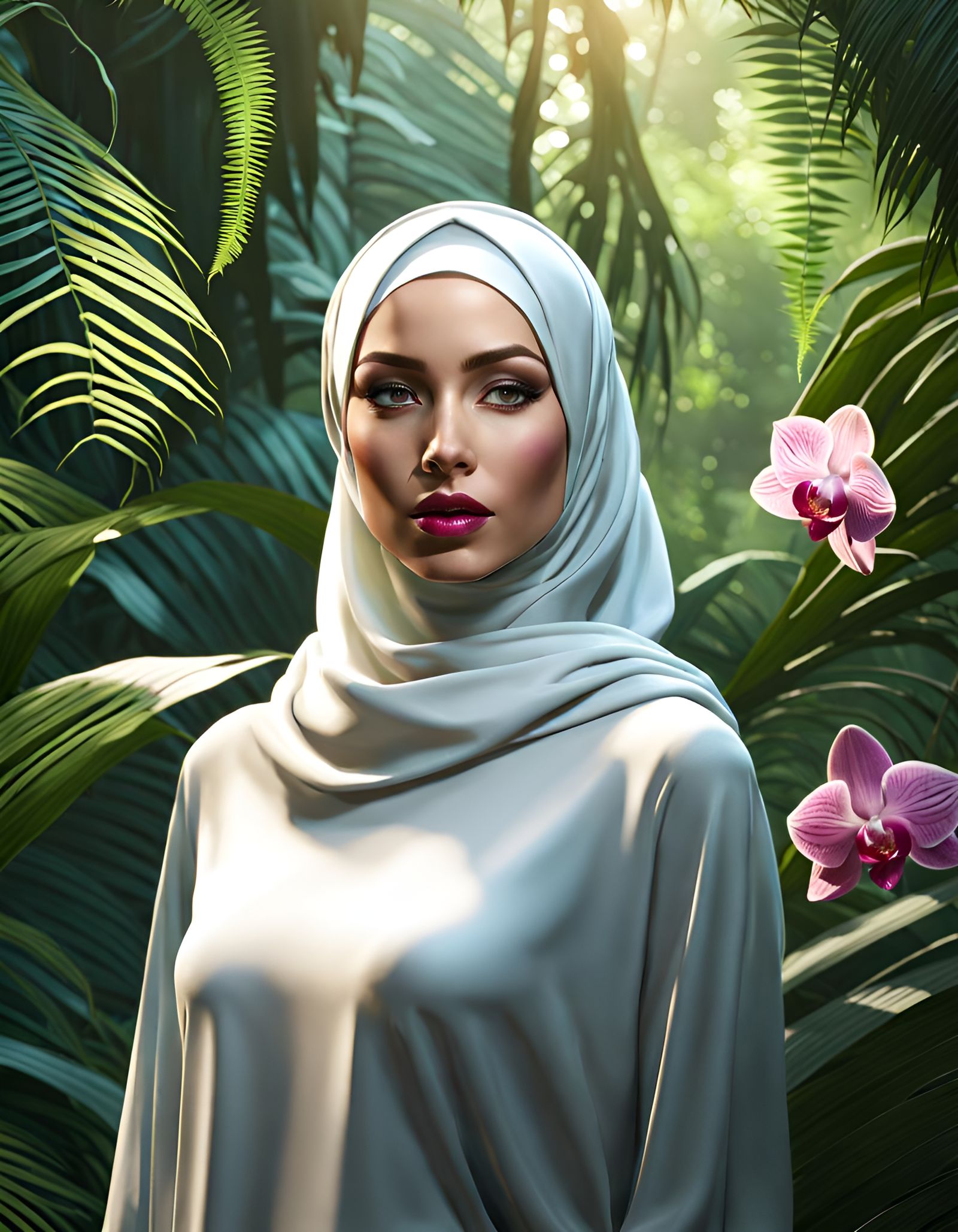 Woman in Hijab Explores Tropical Forest, Digital Art