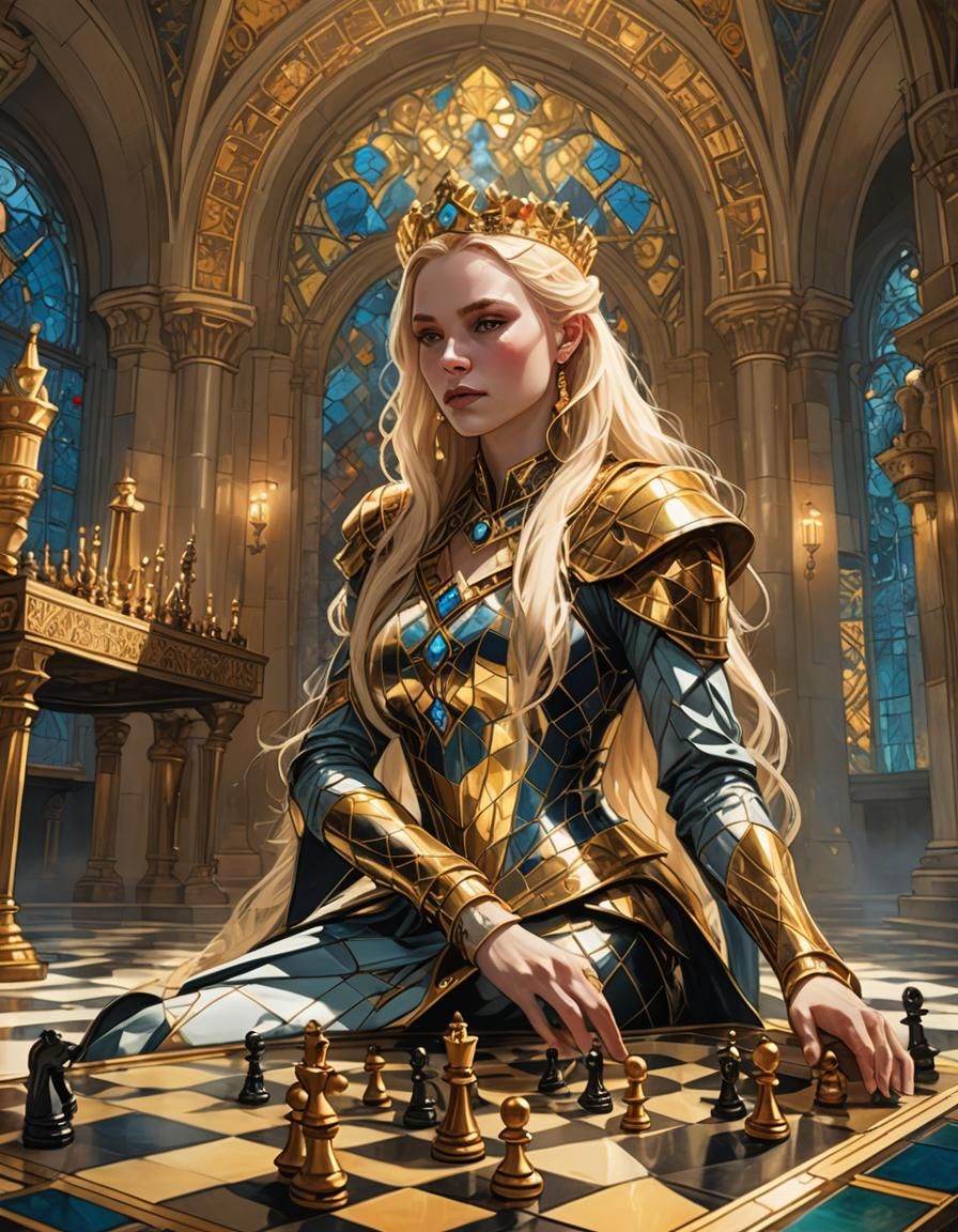 Fantasy Queen Plays Chess: Art Deco Digital Painting