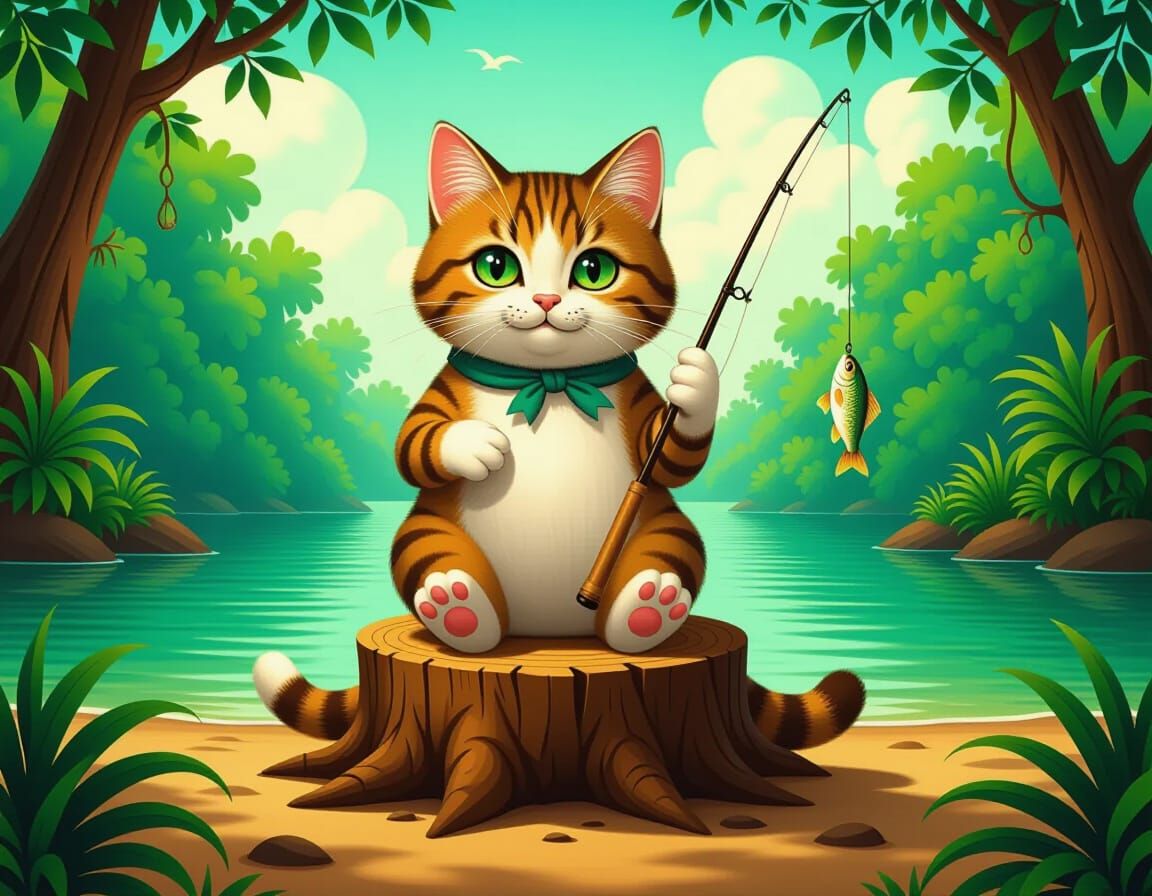 Whimsical Cat Fisherman in Lush Jungle River
