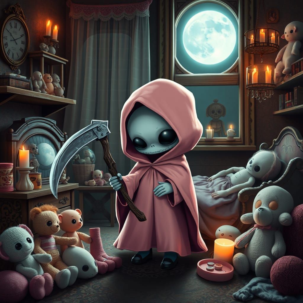 Chibi Grim Reaper in Toy Room, Surreal Art