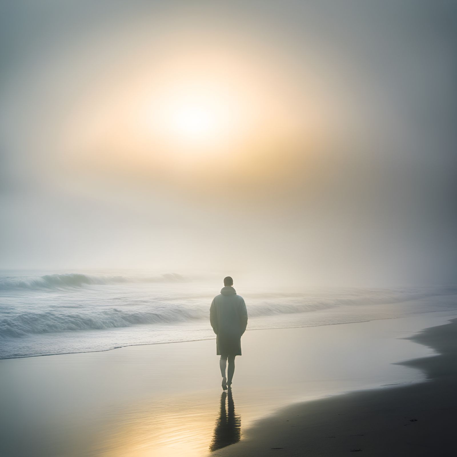 Ethereal Soul on Misty Beach in Double Exposure