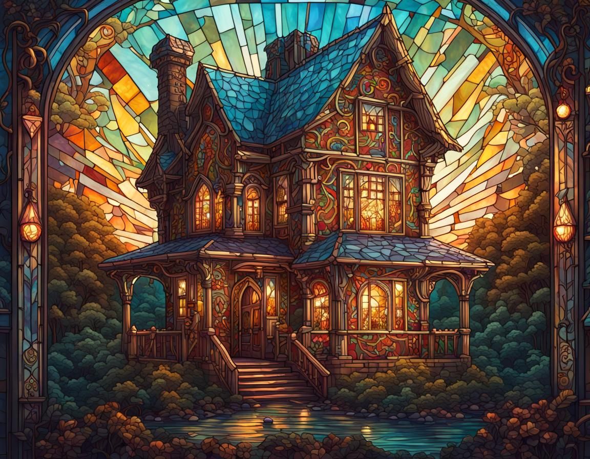 Stained Glass Gingerbread House in Detailed Illustration