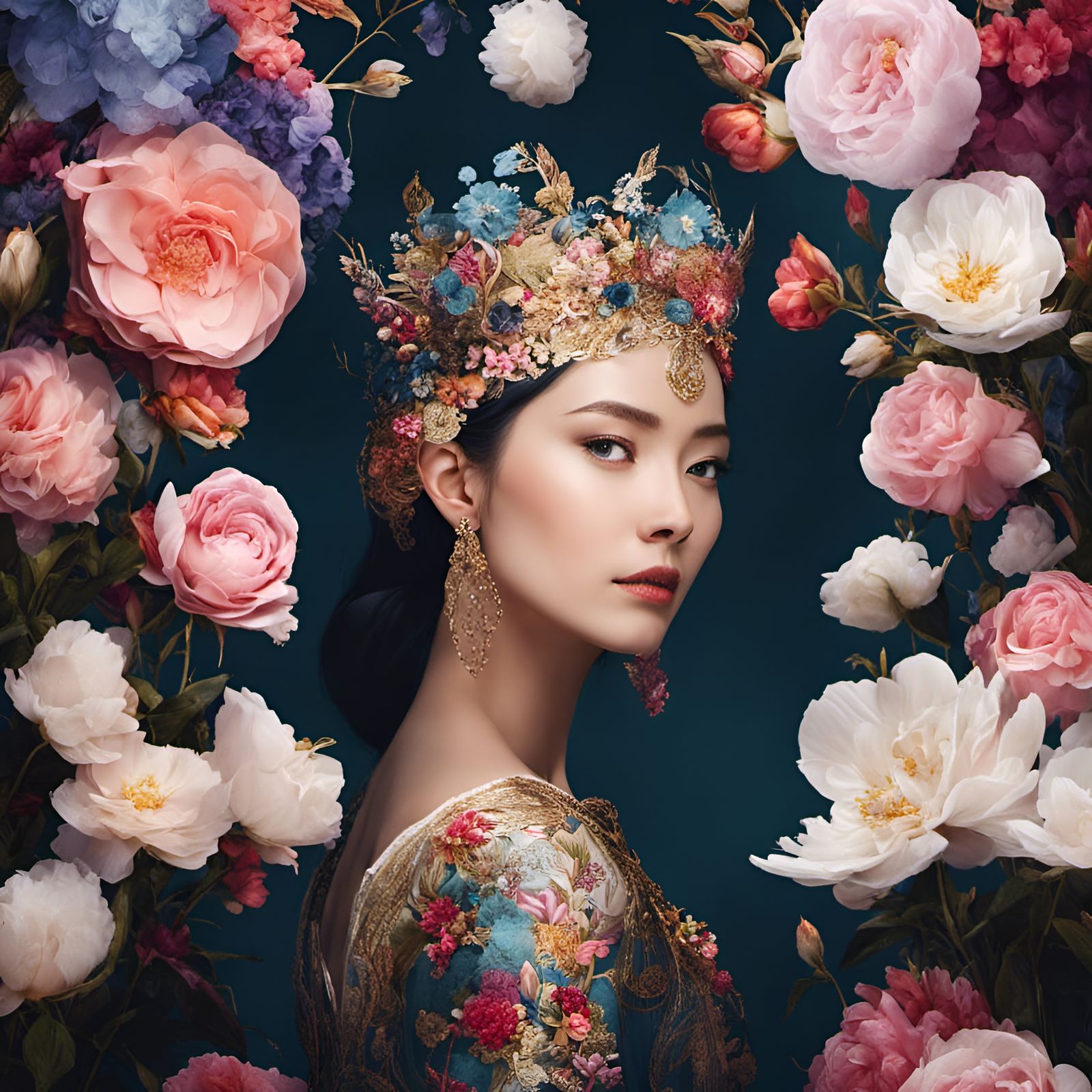 Joyful Elderly People Embracing in Floral Fantasy