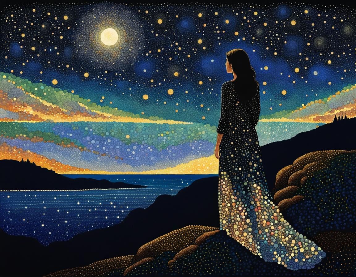 Woman on Cliff in Pointillist Starry Night