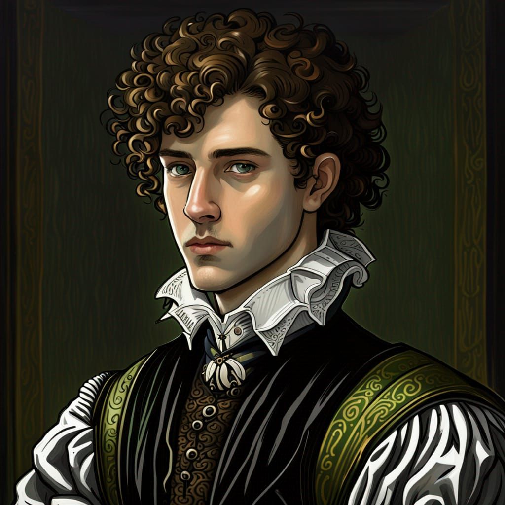 Elizabethan Nobleman with Curly Hair, Charcoal Art