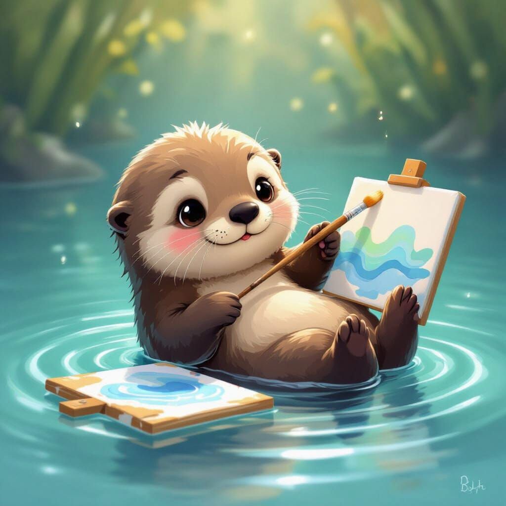 Cute Otter Paints Water Ripples on Canvas, Whimsical Style