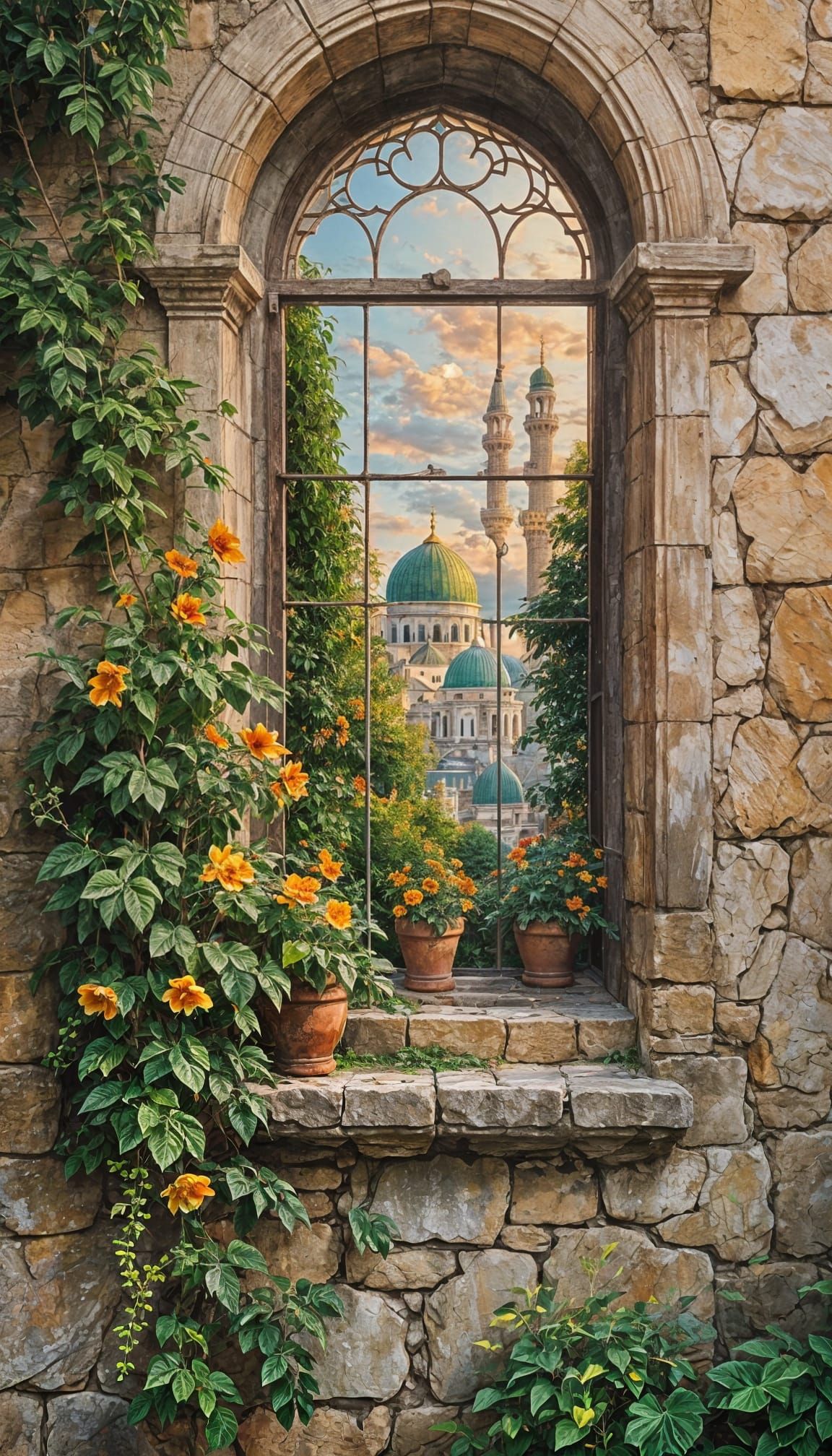 Sunset Over Historic Cityscape Through Stone Window