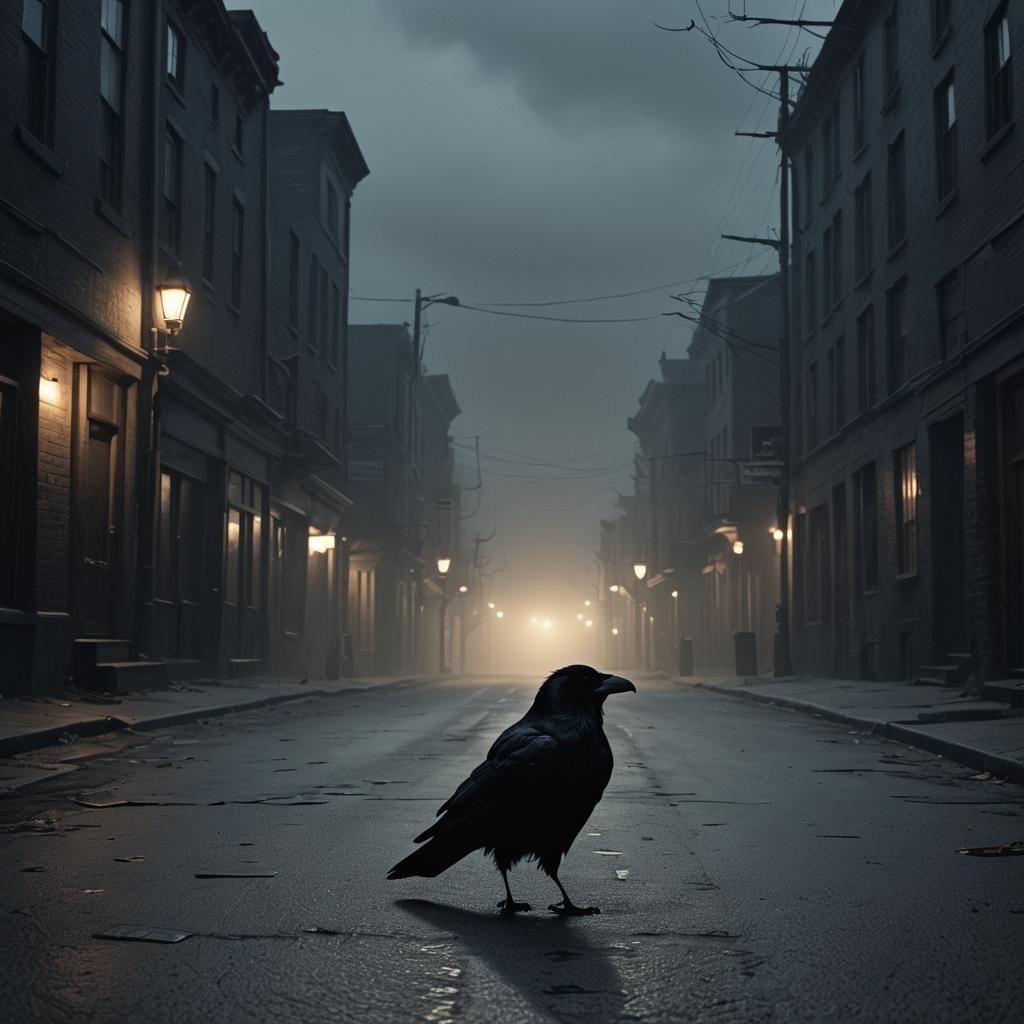 Raven Walks a Desolate Street at Night