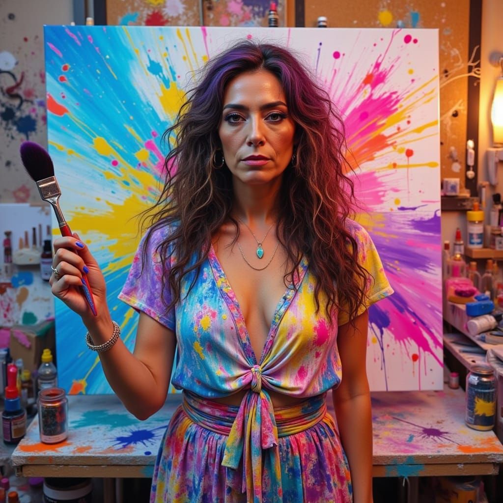 Vibrant Portrait of a Female Artist with Colorful Streaks