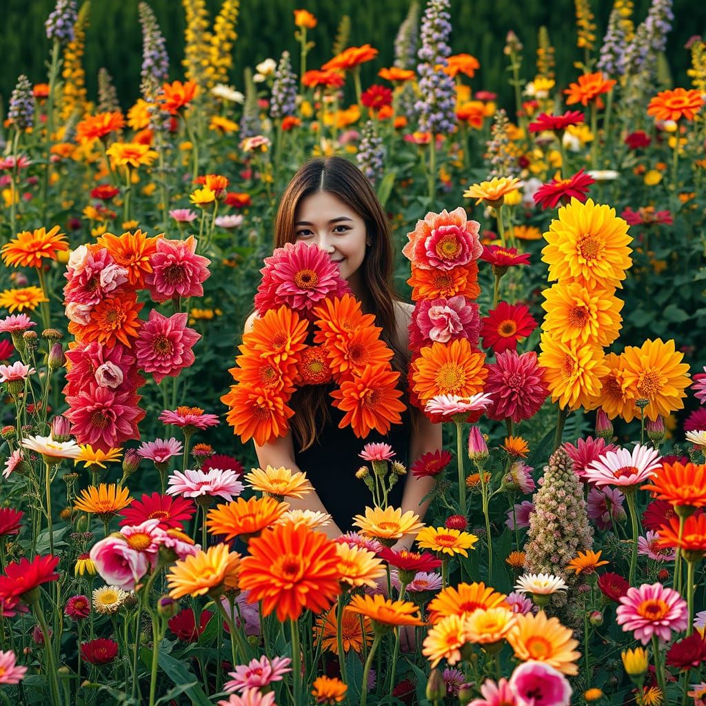 Woman in Fall Flower Garden: Impressionist Style