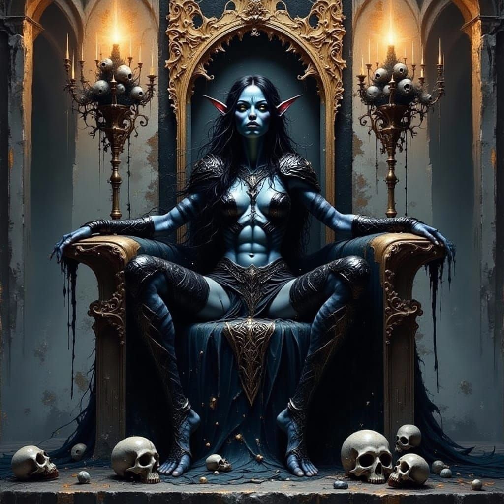 Drow Queen on Skull Throne in Dark Fantasy Style