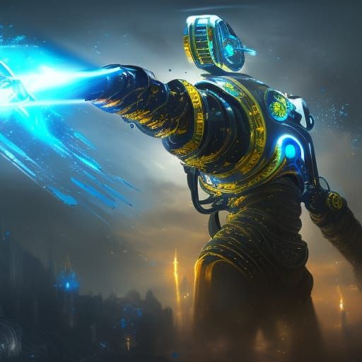 Blue Robot Warrior with Sword in Fantasy Art Style
