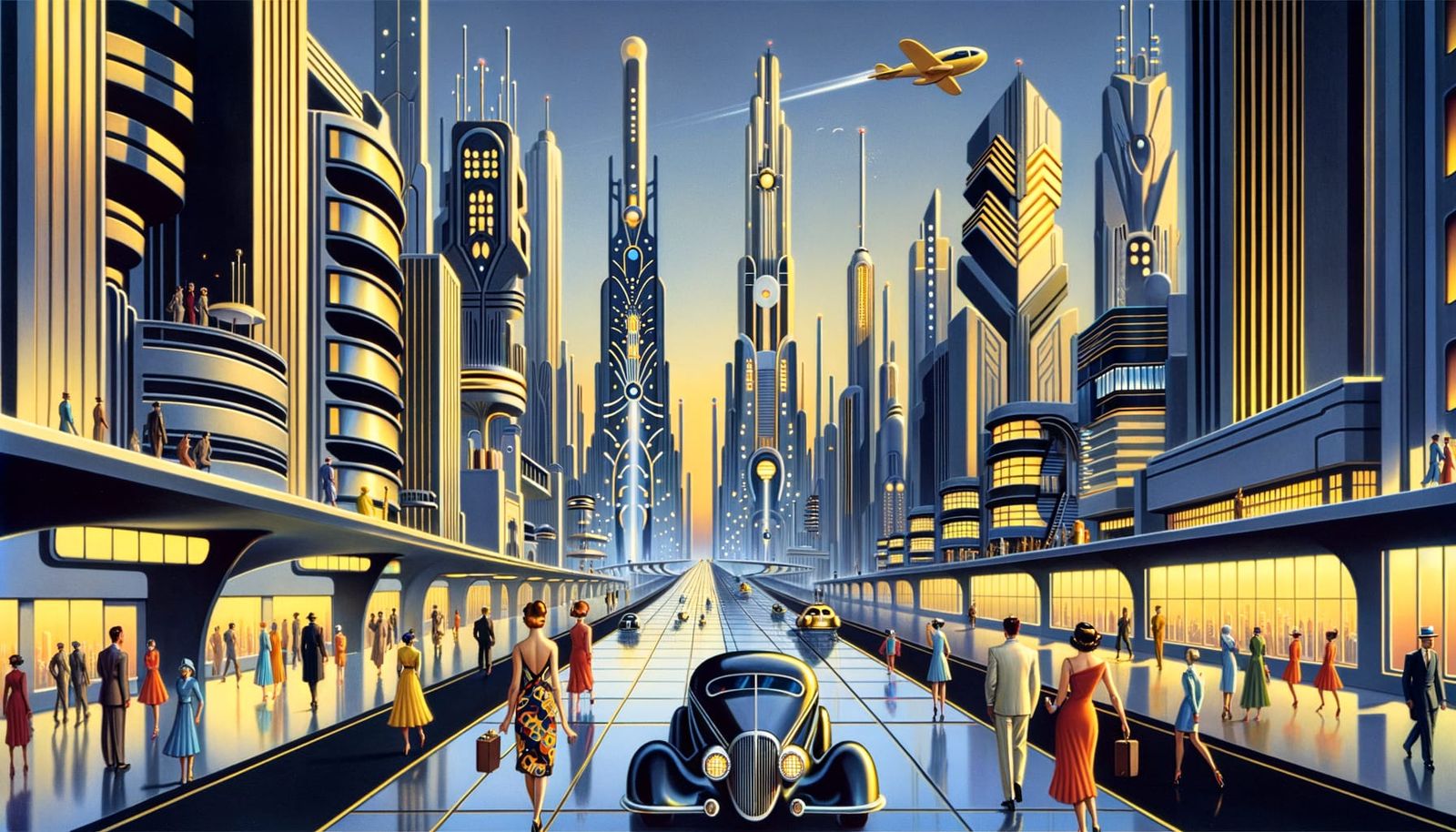 Futuristic Art Deco Cityscape with Flying Cars