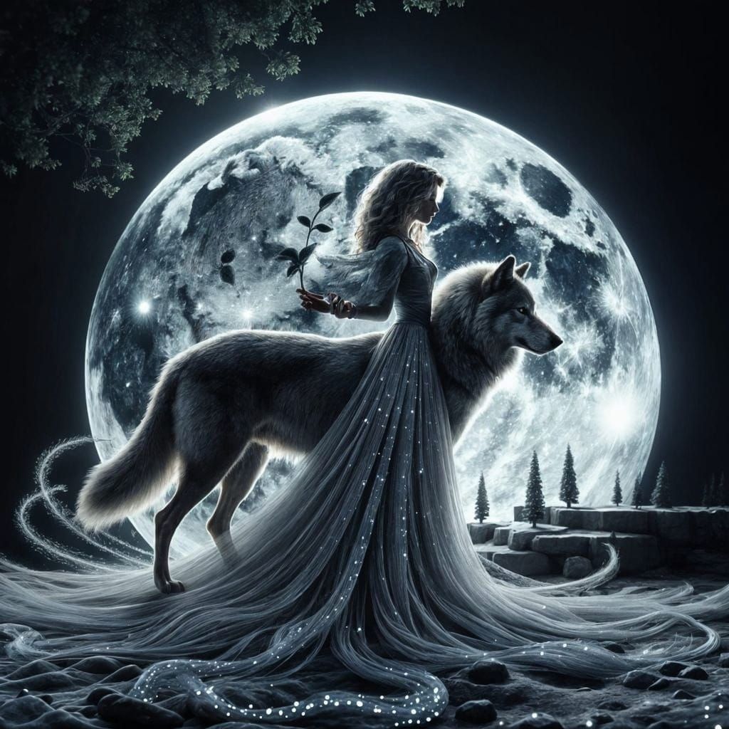 Surreal Goddess in Midnight Moonlight, Double Exposure Art