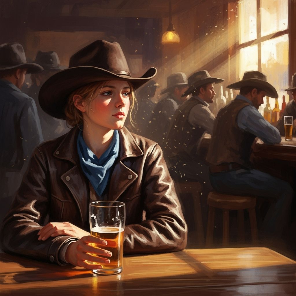 Contemplative Cowgirl in Impressionistic Bar Scene