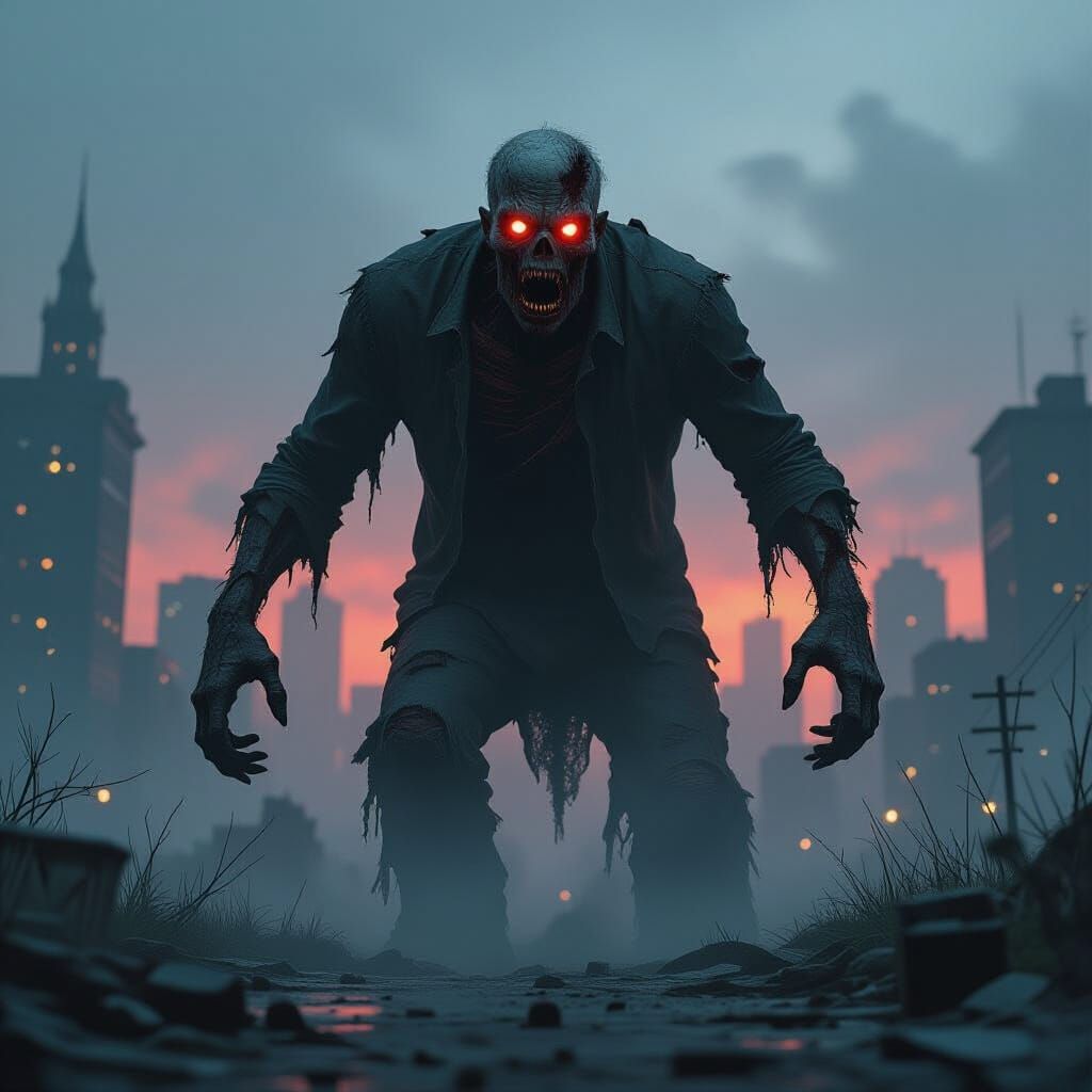 Colossal Zombie in Foggy Cityscape