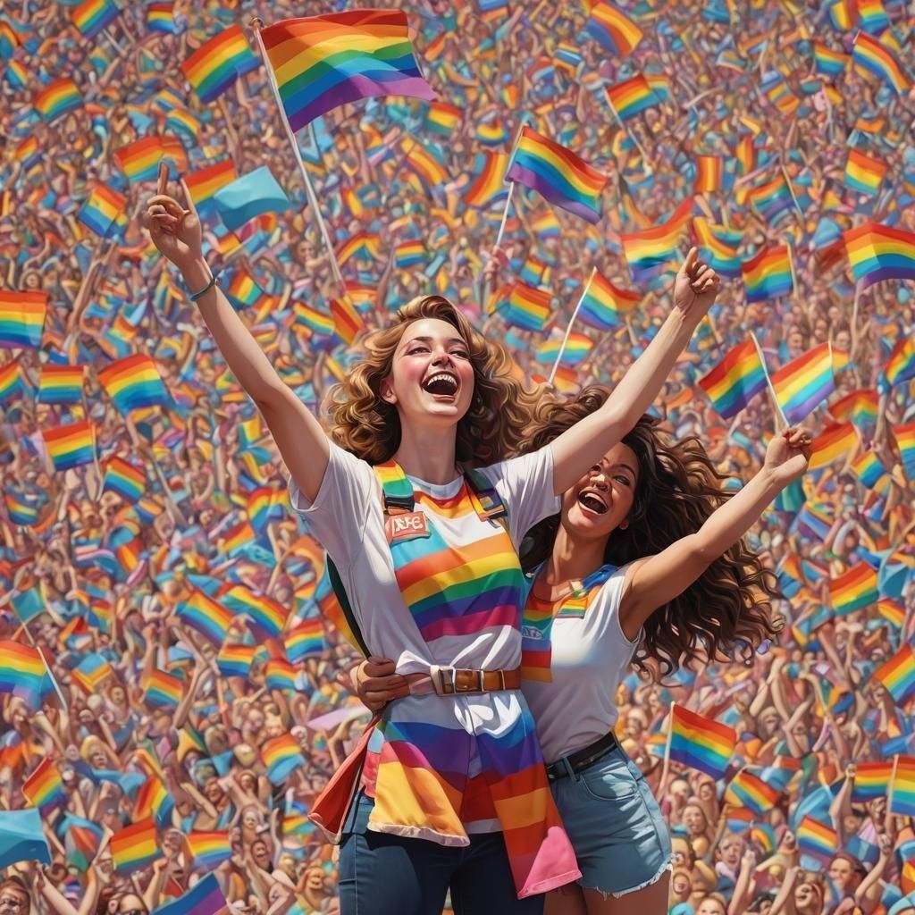 Triumphant Women with Pride Flag in Candy Art Style