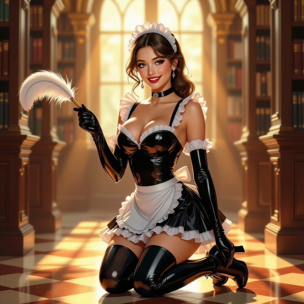Stunning Maid in Latex Skirt in Opulent Library Pose