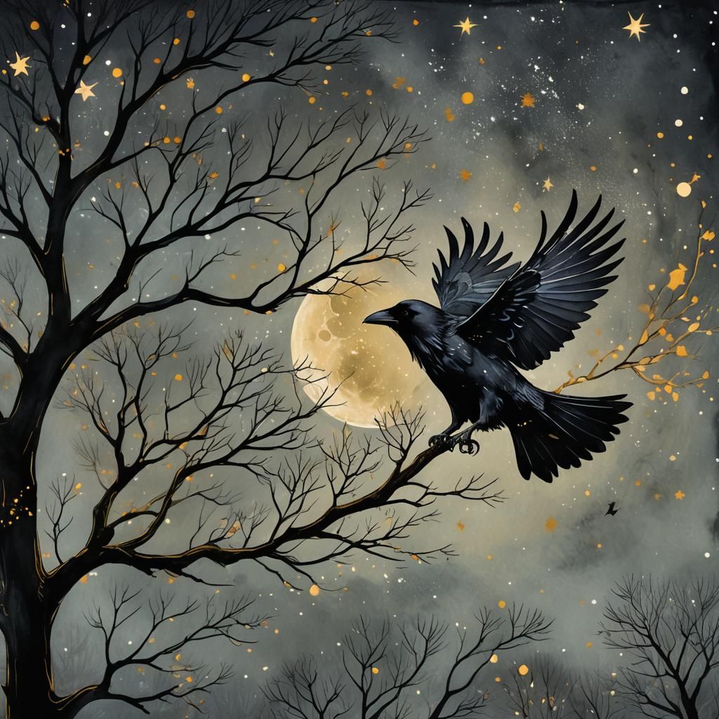 Raven in Flight: Double Exposure Watercolor Illustration