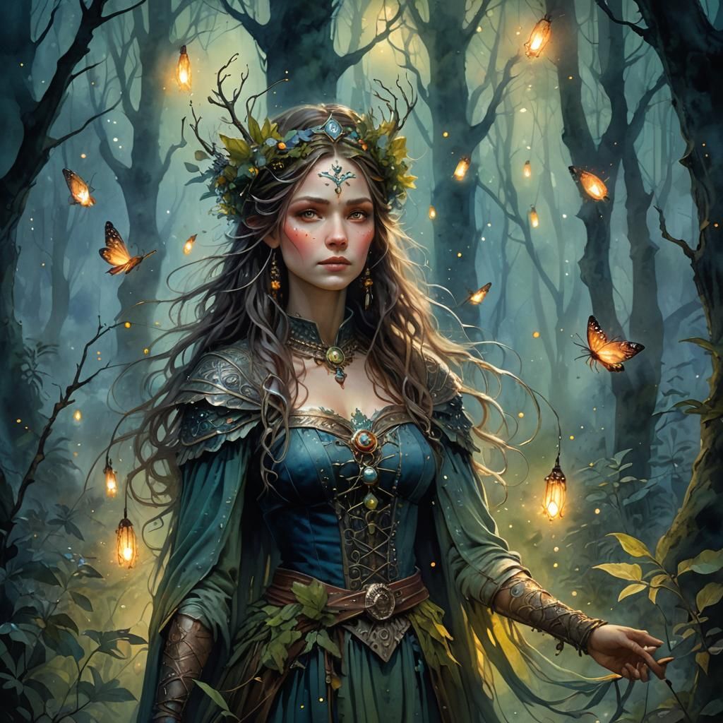 Enchantress in Misty Forest: Watercolor Fairytale Portrait