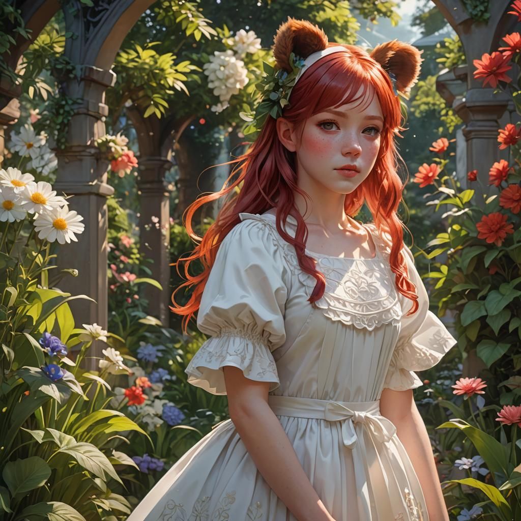 Anime Girl with Bear Ears in Garden, Detailed Portrait