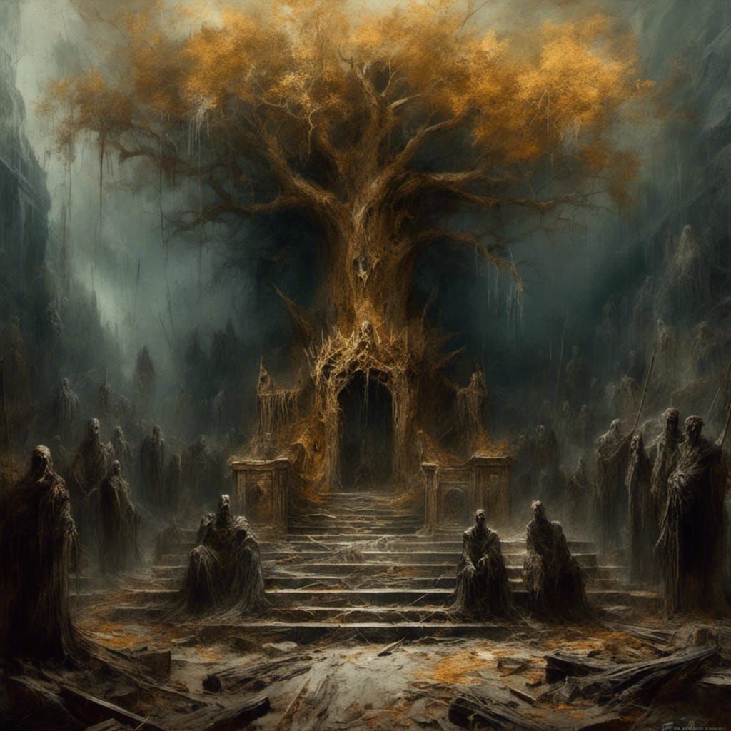 Macabre Wooden Throne with Golden Tree