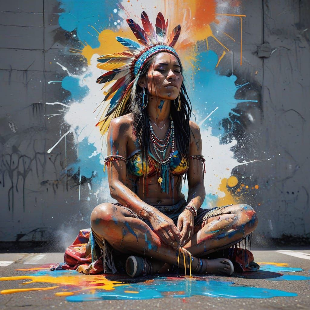 Vibrant Shamanic Rhythm by the Ocean in Graffiti Style