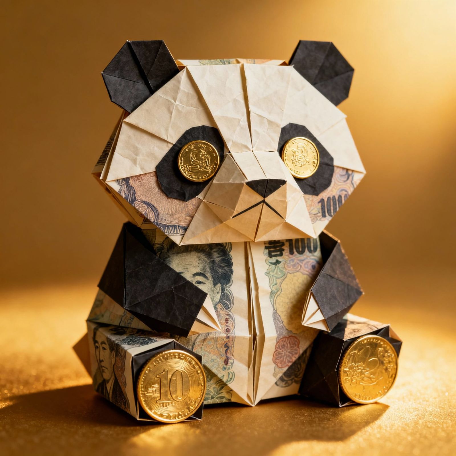 Panda Made of Japanese Yen Banknotes and Coins