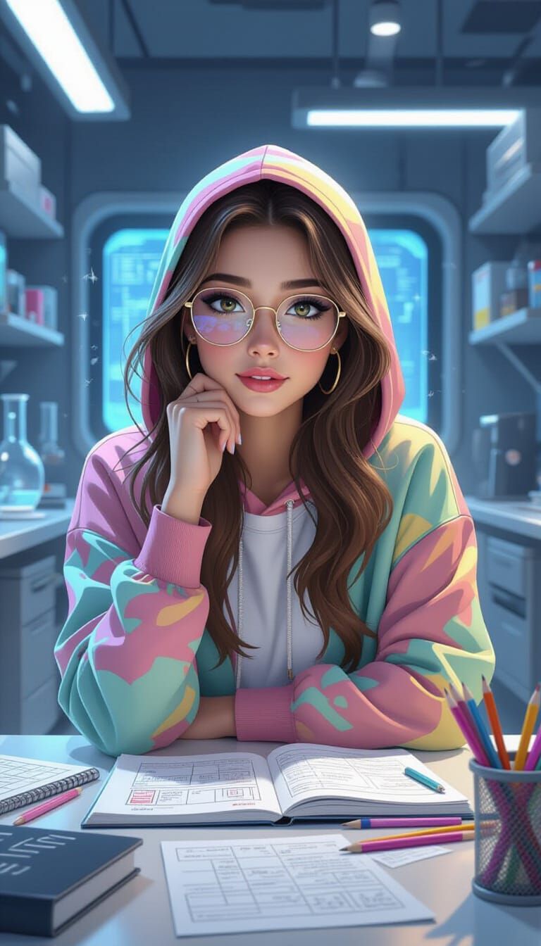 Young Girl in Lab, Surrounded by Science and Art