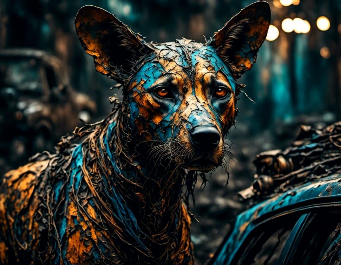 Animatronic Wild Dog Close-Up in Wrecked Car Scene