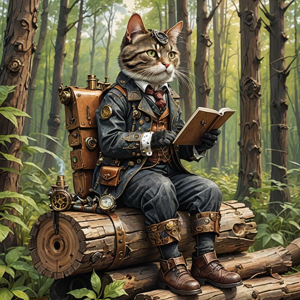 Steampunk Cat Sketching in Forest, Cubism Illustration