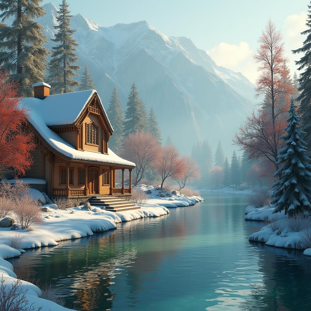 Uzbek Village House on Winter Morning, Fantasy Art