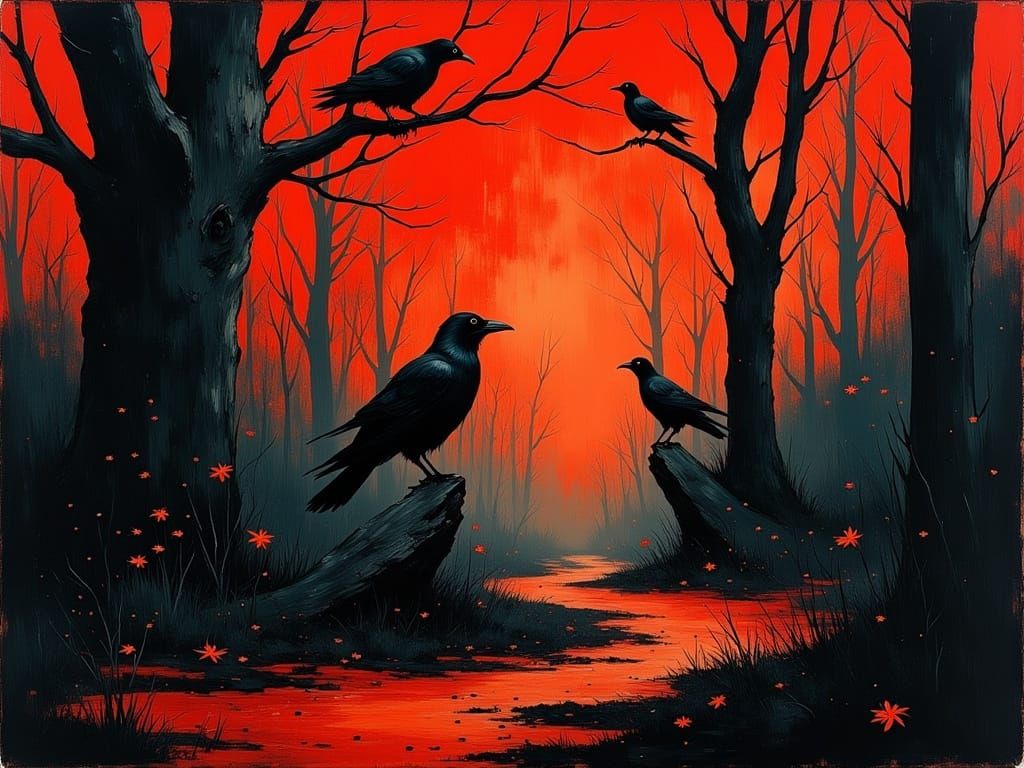 Dark Surreal Forest Scene with Twisted Trees and Ominous Cro...