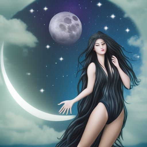 Hyperrealistic Moon Goddess Luna with Crescent Moon