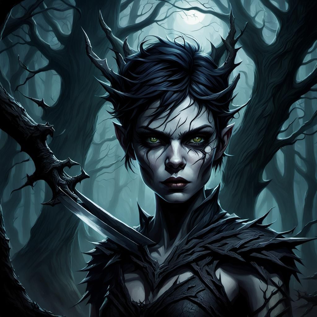 Evil Pixie in Dark Woods: A Dark Fantasy Portrait