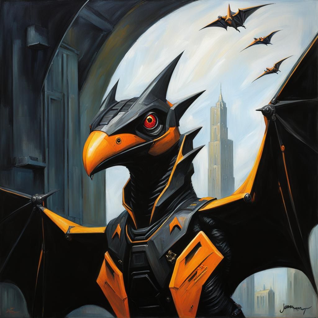 Batlike Creature with Hi-Tech Background as Oil Painting