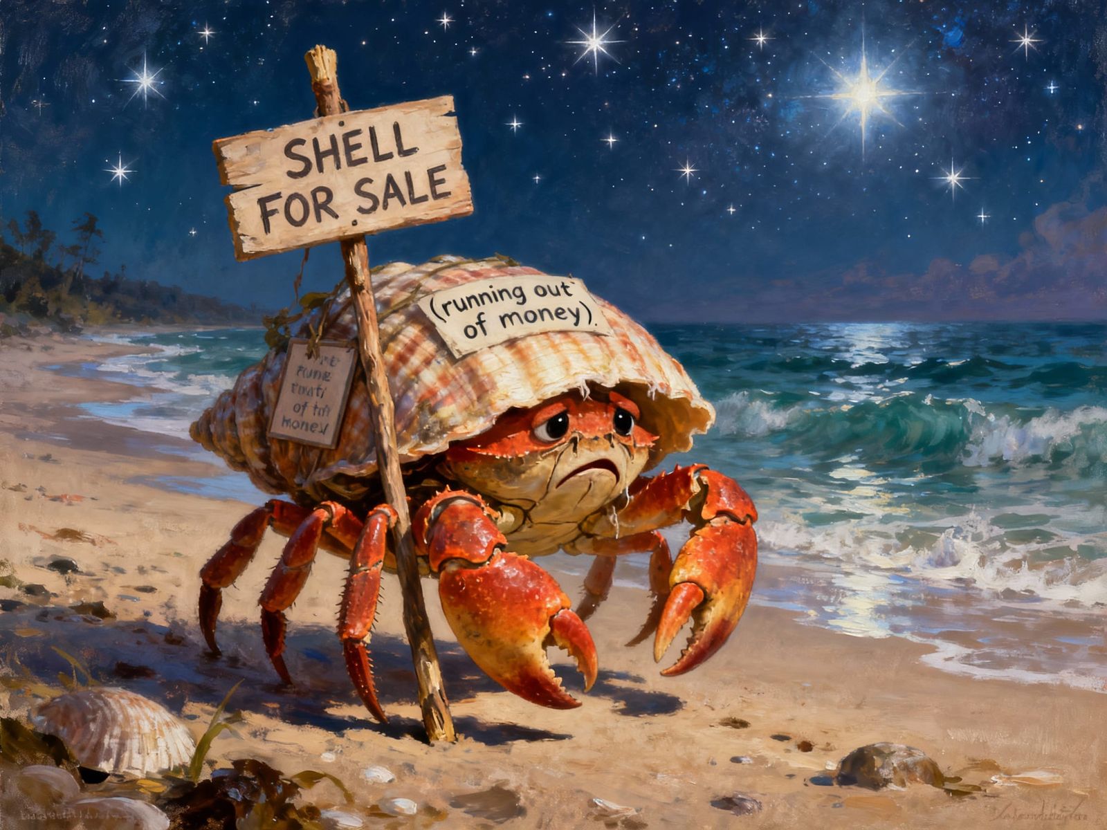 Sad Crab Sells Shell on Beach