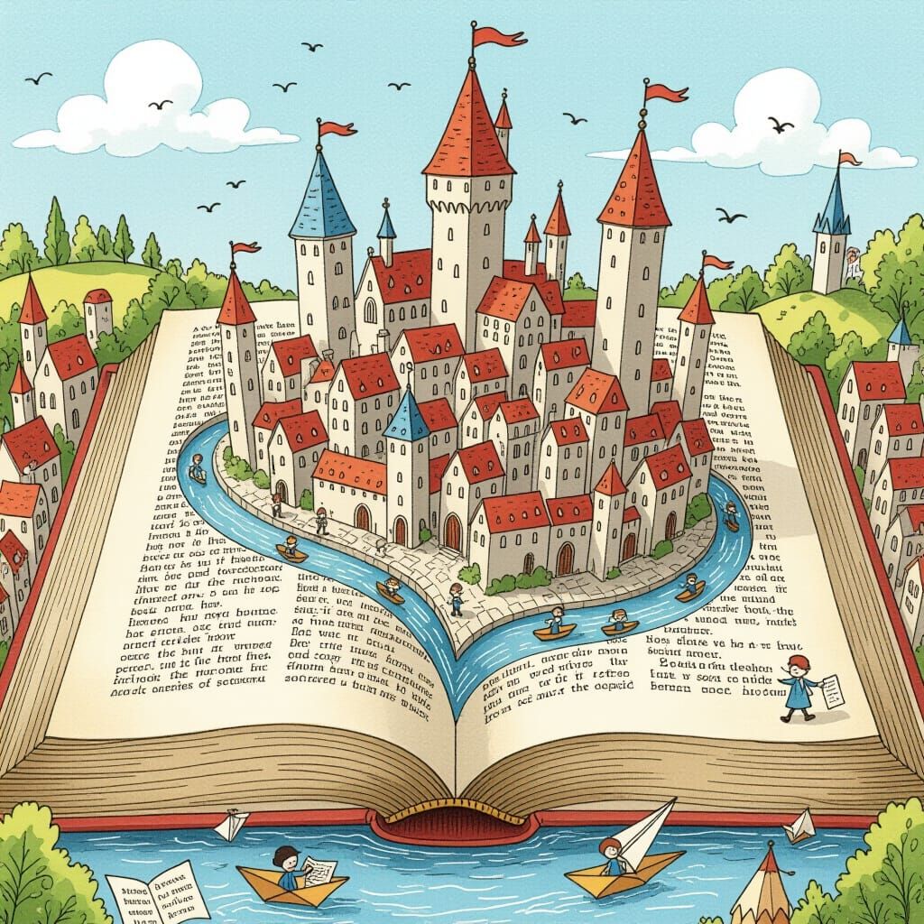 Medieval City Carved in Giant Book, Whimsical Illustration