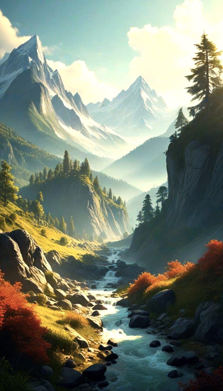 Epic Matte Painting of a Fantasy Mountain Landscape at Sunse...