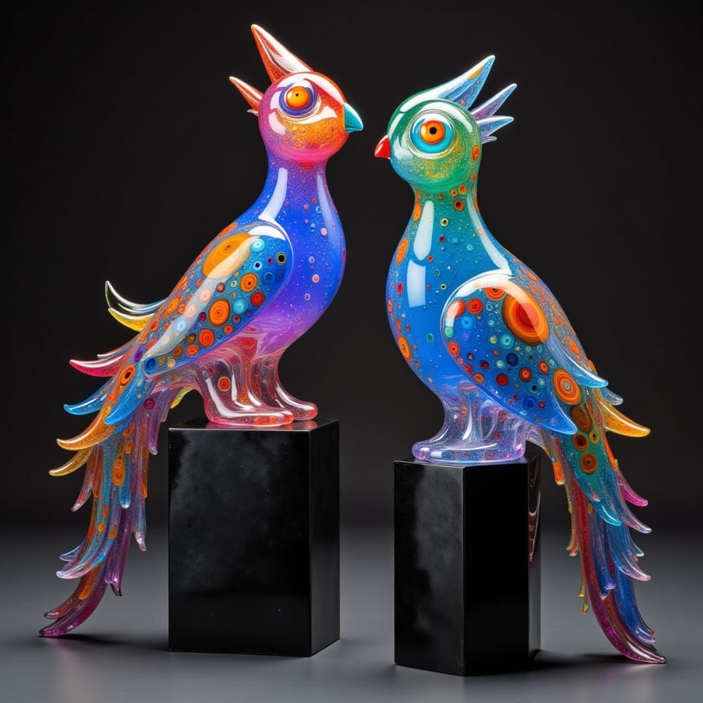 Fantasy Glass Birds on Obsidian Pillars