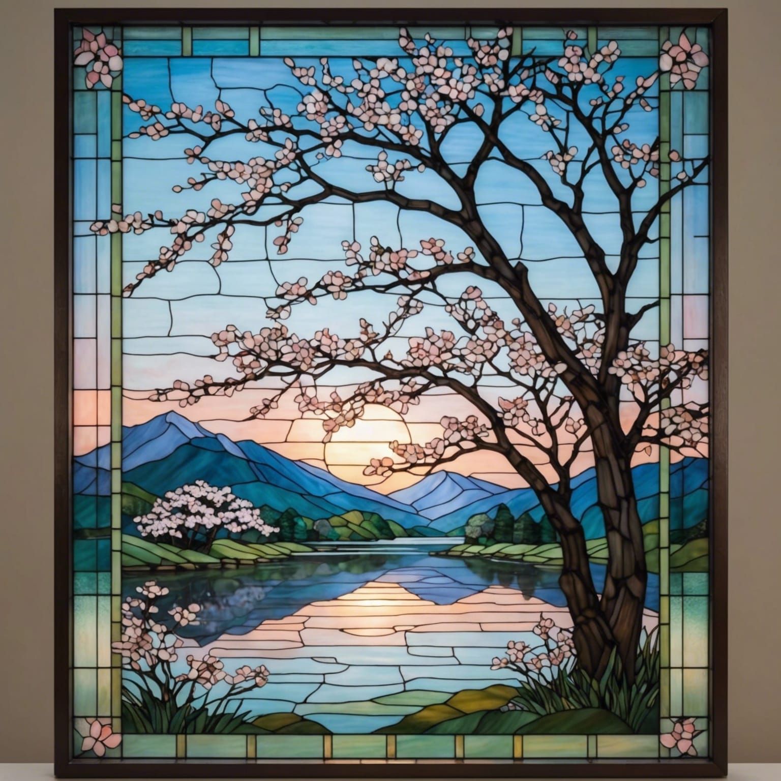 Stained Glass Window with Cherry Blossoms in Anime Style