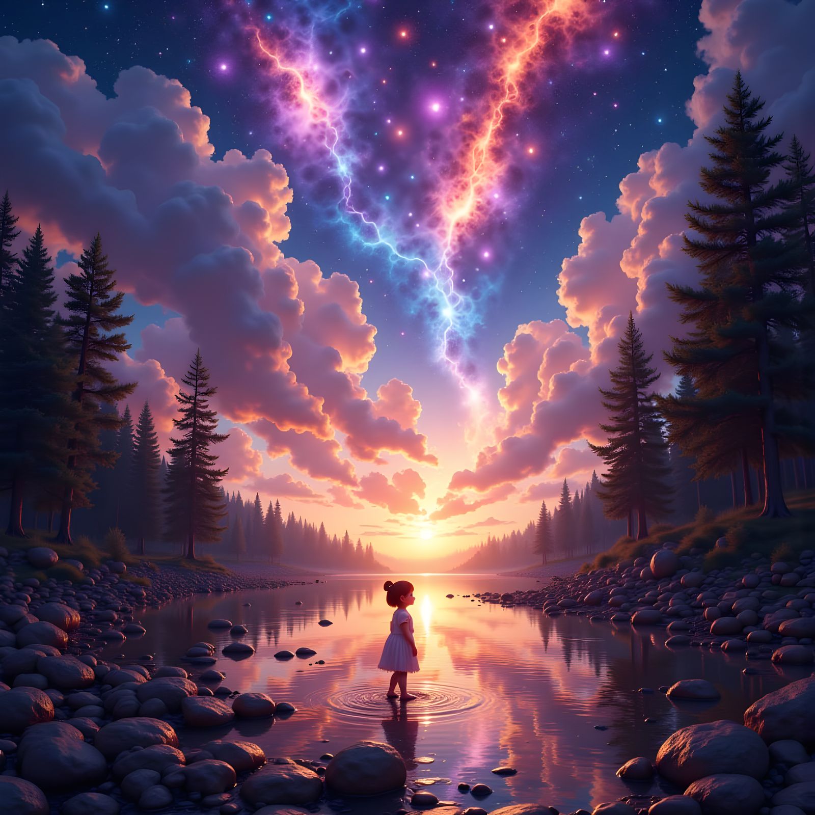 Child Gazes at Nebula Sky Over Wedding Landscape