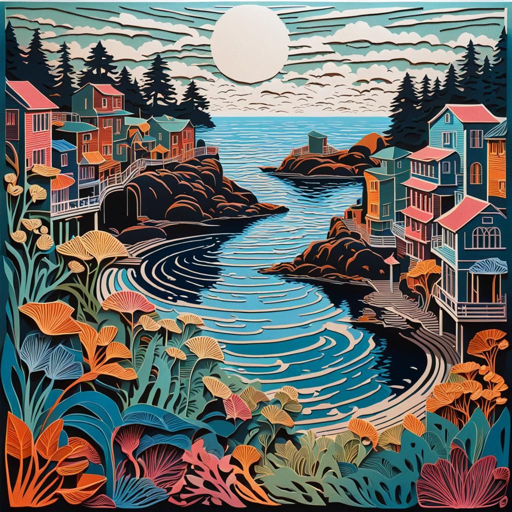 Colorful Art Nouveau Kirigami Coastal Village