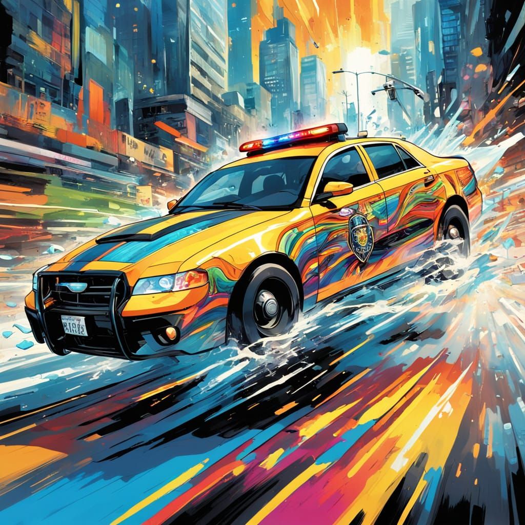 Superfast Police Car Speeds Through Futuristic Cityscape