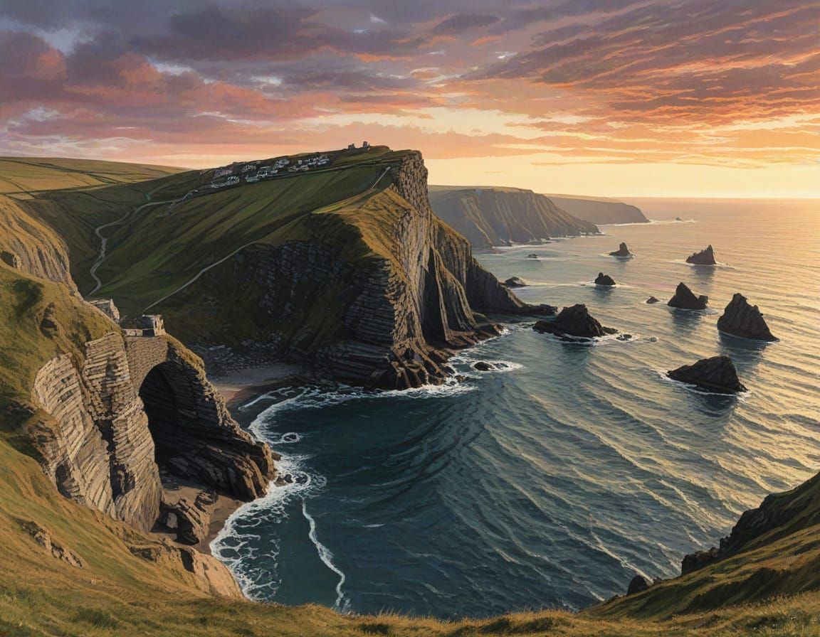 Tintagel Castle Sunrise: Detailed Panoramic Landscape Painti...