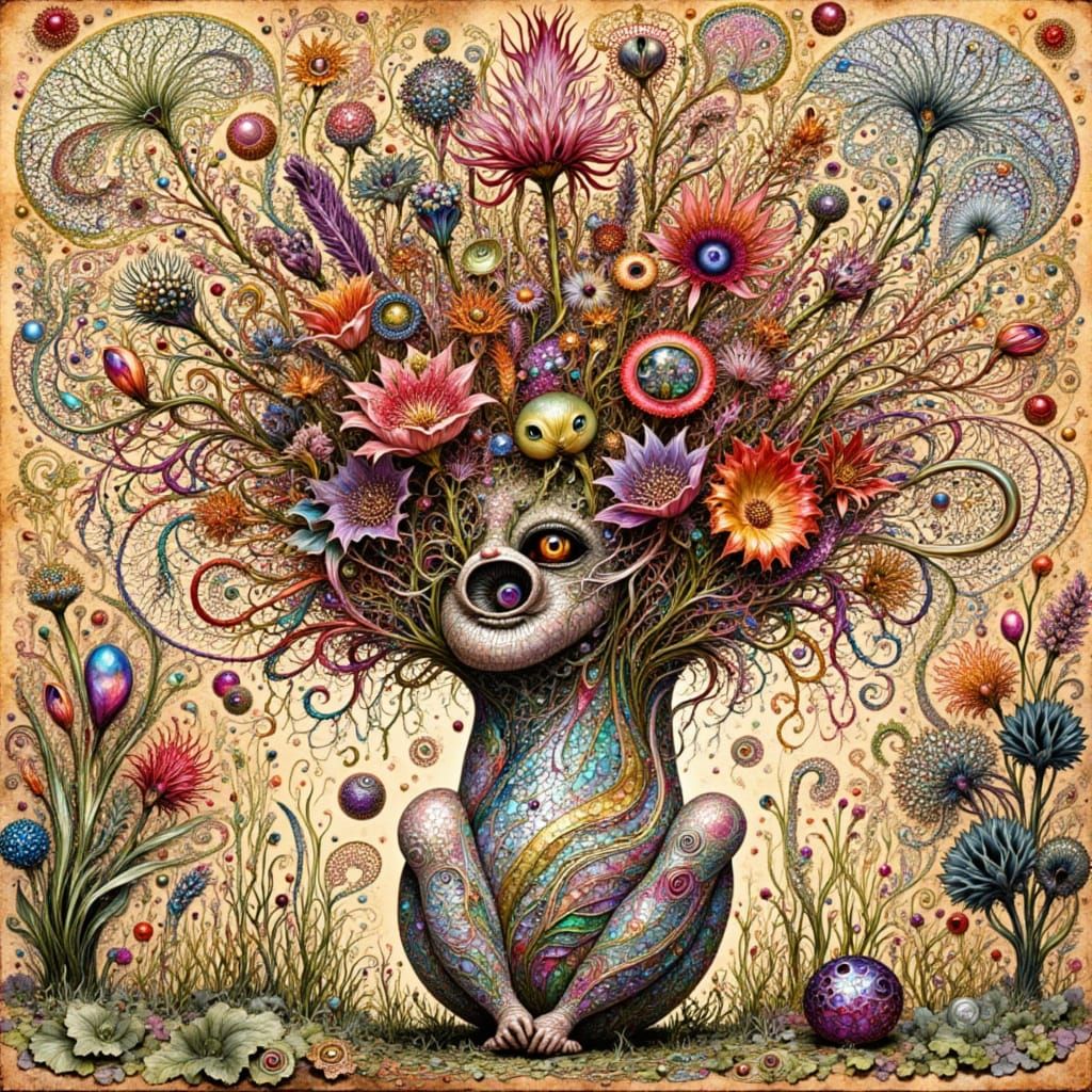 Surreal Man in Flower Bouquet, Thinker Pose