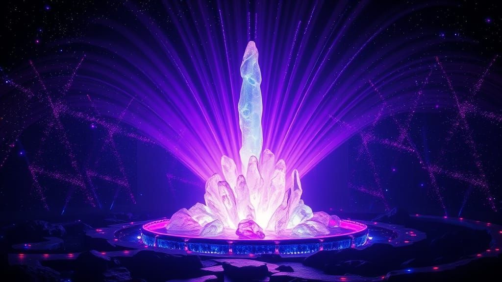 Crystalline Gemstone Fountain in Neon-Lighted Space